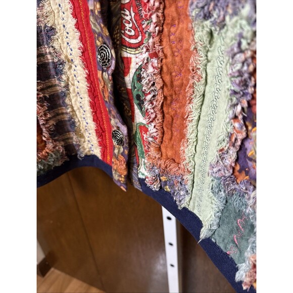 Vtg Homemade Quilted Patchwork Sweatshirt Jacket Size L Frayed Edges Button Down - Picture 7 of 8